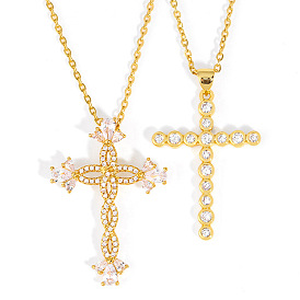Classic Cross Pendant Necklace with Diamond Inlay - European and American Style