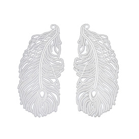 304 Stainless Steel Filigree Big Pendants, Etched Metal Embellishments, Feather