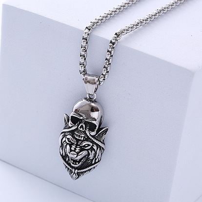 Мужские ожерелья с подвеской в виде черепа волка в стиле ретро-рок-панка из нержавеющей стали