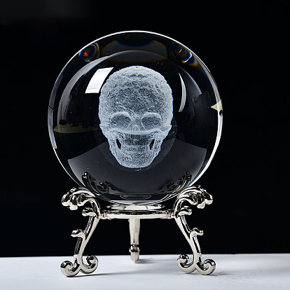 Carving Skull Crystal Ball, Glass Sphere Decoration, with Platinum Tone Alloy Stand