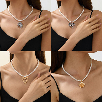 Alloy Rhinestone Heart Flower Pendant Imitation Pearl White Round Beaded Necklaces for Women