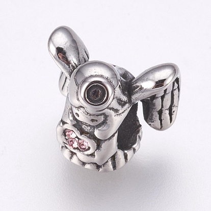 304 Stainless Steel European Beads, Large Hole Beads, with Rhinestone, Angel with Heart