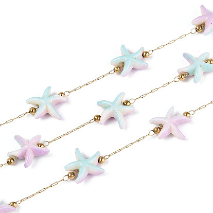 Ручная работа 316 цепочки из нержавеющей стали в форме морской звезды, с синтетической бирюзой и бусинами из нержавеющей стали, пайки, с катушкой, реальный 18 k позолоченный