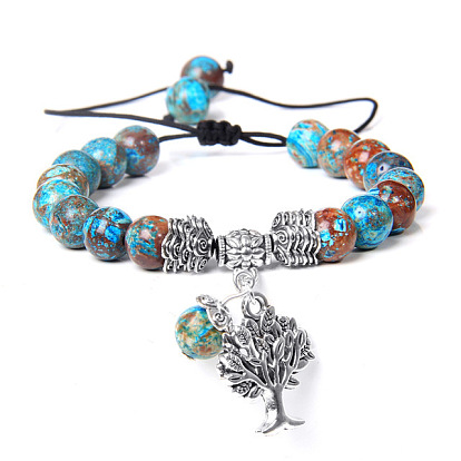 Pulsera con dije de árbol de la vida de aleación, pulsera ajustable trenzada de piedras mixtas naturales
