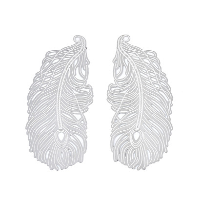304 Stainless Steel Filigree Big Pendants, Etched Metal Embellishments, Feather