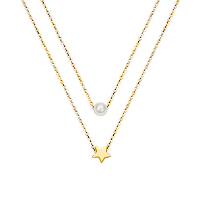 Double-layered Star Pendant Pearl Necklace with Titanium Steel 18K Gold Collarbone Chain