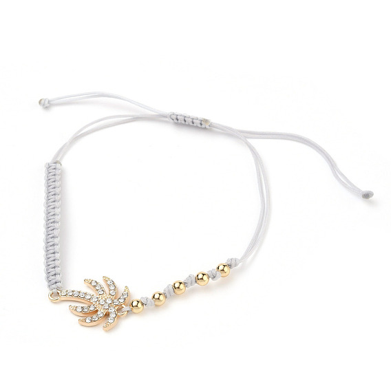 Adjustable Nylon Thread Braided Bead Bracelets, with Alloy Rhinestone Links and Round Brass Beads, Coconut Tree, Golden