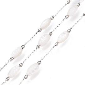 Handmade Shell Beads Chains, for Necklaces Bracelets Making, with 304 Stainless Steel Chains, Soldered, with Spool