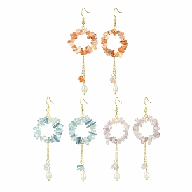 3 Pairs 3 Styles Natural Mixed Stone & Brass Dangle Earrings, with Freshwater Shell Pearl Beads, Golden