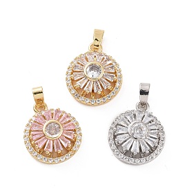 Brass Micro Pave Clear Cubic Zirconia Pendants, Flat Round Charms
