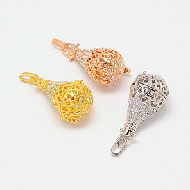 Brass Rhinestone Cage Pendants, For Chime Ball Pendant Necklaces Making, Drop, Lead Free & Nickel Free & Cadmium Free, 57x22mm, Hole: 9mm, Inner Diameter: 18mm