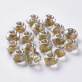 Handgemachte innere Blume Europäischen Glasperlen, Großloch perlen, mit Glitzerpailletten innen und silberfarben plattierten Messing-Doppeladern, Rondell