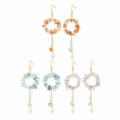 3 пары 3 серег с подвесками из натурального смешанного камня и латуни, с бусинами из пресноводного жемчуга-ракушки, золотые