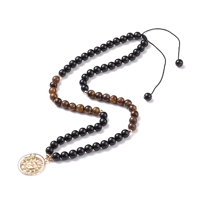 Collar con colgante de luna y sol de aleación, collar de cuentas de madera y ojo de tigre natural para mujer