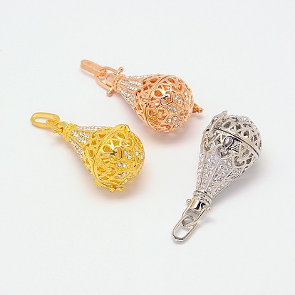 Brass Rhinestone Cage Pendants, For Chime Ball Pendant Necklaces Making, Drop, Lead Free & Nickel Free & Cadmium Free, 57x22mm, Hole: 9mm, Inner Diameter: 18mm