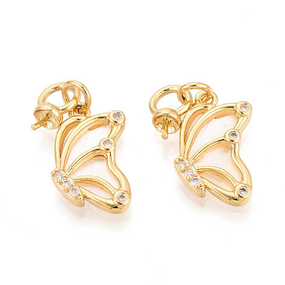 Подвески-булавки с микропаве из кубических цирконий и ракушек в форме чашечки-жемчужины из латуни, бабочка, за половину пробурено бисера, с целью перехода в кольце