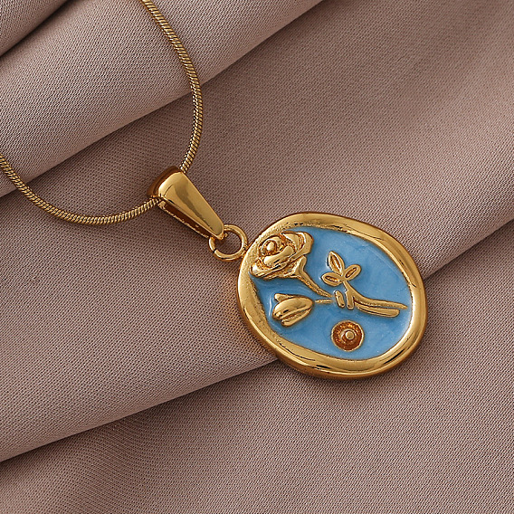 304 Женские ожерелья с подвеской в форме овала из нержавеющей стали с эмалью и цветком, золотые