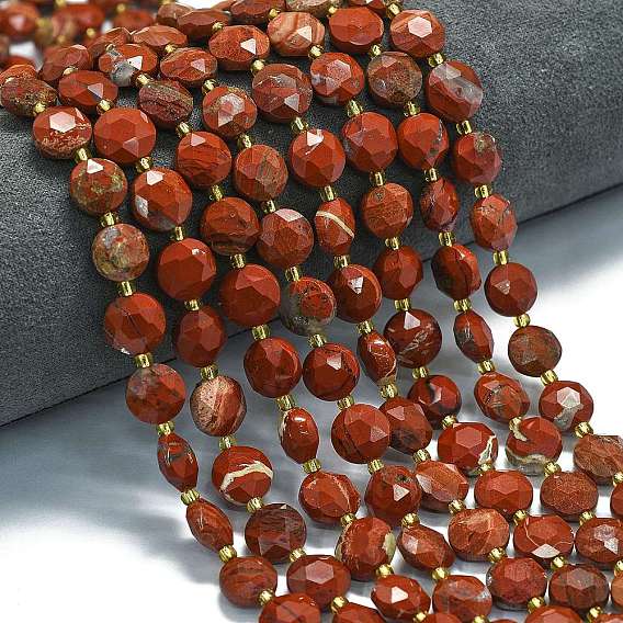 Натуральные красные яшмы бусы пряди, граненый шестиугольный разрез, плоско-круглые, с бисером