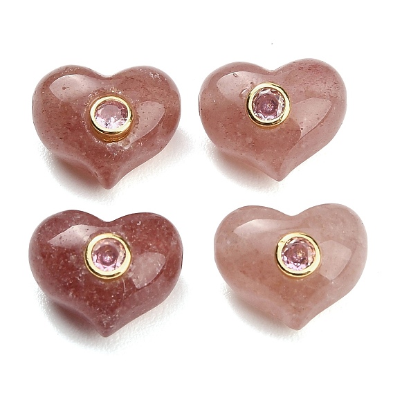 Natural Strawberry Quartz Beads, Heart, with Brass Pave Cubic Zirconia Findings, Golden