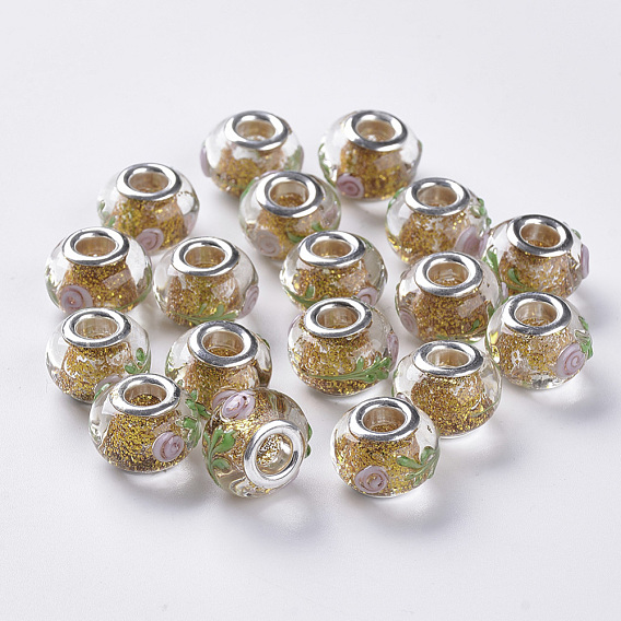 Handmade Inner Flower Lampwork European Beads, Large Hole Beads, with Glitter Sequin inside and Silver Color Plated Brass Double Cores, Rondelle