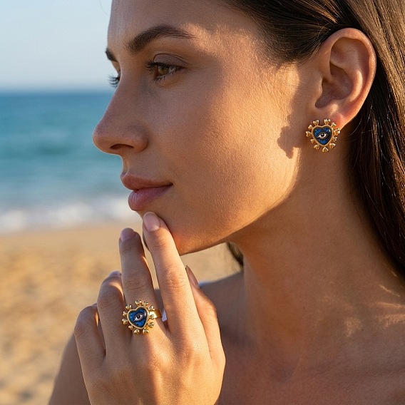 Pendientes de botón de acero inoxidable estampados, corazón con mal de ojo