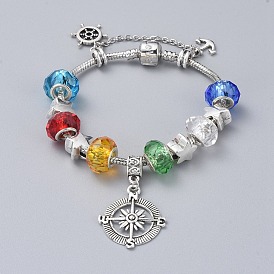 Latón pulseras europeas, con cuentas de cristal rondelle hechas a mano, cuentas de estrella de aleación de estilo tibetano y dijes de aleación de estilo tibetano, brújula y timón y ancla