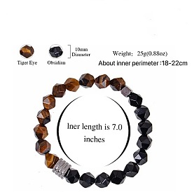 Эластичные браслеты из натуральных и синтетических драгоценных камней и обсидиана для мужчин., многоугольник, с колонновидным валиком из нержавеющей стали