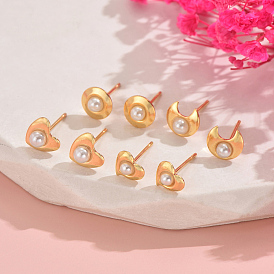 4 pares elegantes de pendientes de botón redondos planos con forma de corazón y luna de perla, joyas de acero inoxidable para el día de san valentín