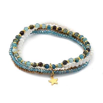 Stretch Bracelets, with Natural Gemstone Beads, Glass Beads, Brass Beads and Star 304 Stainless Steel Charms, Golden