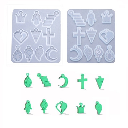 DIY Pendant Silicone Molds, Resin Casting Molds, Crown, Hamsa Hand, Lightning Bolt, Heart, Triangle, Cross, Teardrop, Lollipop, Leaf, Moon