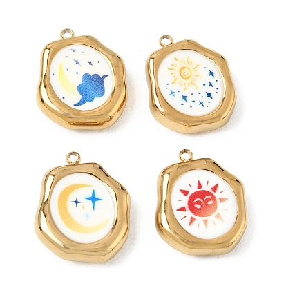 Printed 304 Stainless Steel Pendants, Irregular Oval Charms, Golden