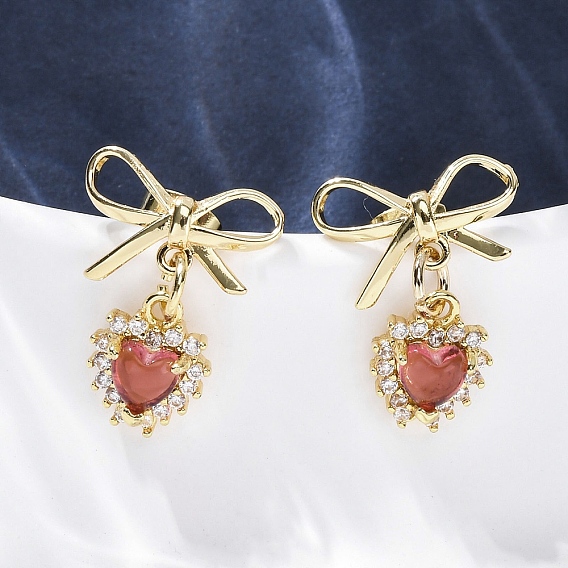 Серьги-гвоздики с цирконом из латуни, со стеклом, стойки покрытие, долговечный, без свинца и без кадмия, бантом и сердца