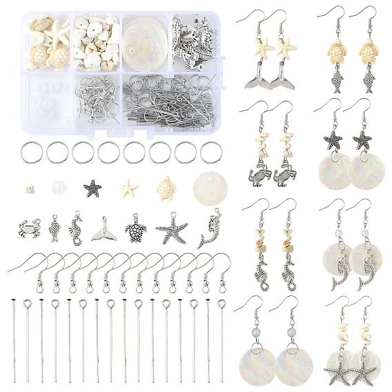 Наборы для изготовления висячих сережек своими руками на морскую тематику, включая акриловые и синтетические бирюзовые бусины, Подвески из сплава и перламутра, крючки для ушей, соединительные кольца и штифт