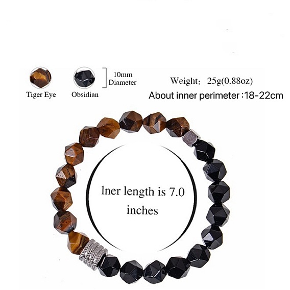 Эластичные браслеты из натуральных и синтетических драгоценных камней и обсидиана для мужчин., многоугольник, с колонновидным валиком из нержавеющей стали