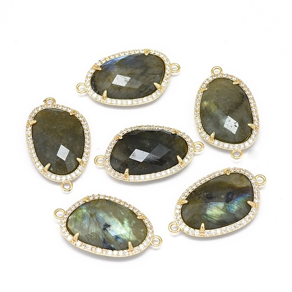 Natural Gemstone Links Connectors, with Brass Findings and Cubic Zirconia, Faceted, Oval, Golden