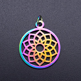 Ion Plating(IP) 201 Stainless Steel Pendants, with Jump Rings, Chakra, Sahasrara, Ring with Flower
