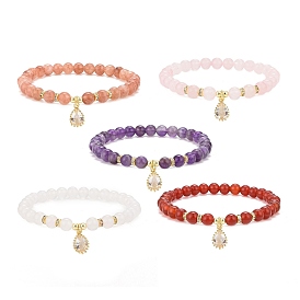 Gemstone Bead Stretch Bracelets, Teardrop Brass Micro Pave Cubic Zirconia Charm Bracelets for Women