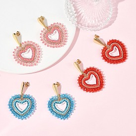 Glass Seed Bead Dangle Earrings, Heart, 304 Stainless Steel Stud Earrings for Women, Golden