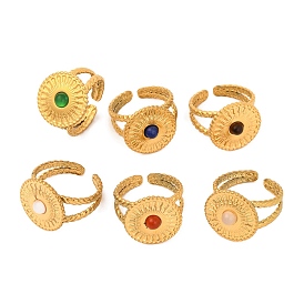 Natural Gemstone Finger Rings, Flat Round Golden Tone 304 Stainless Steel Cuff Rings for Women