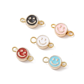 Alloy Enamel Connector Charm, with Golden Plated Double Iron Loops, Flat Round with Smiling Face