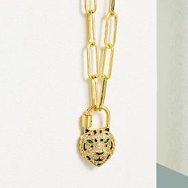 Exaggerated Personality Tiger Pendant Necklace with Copper Micro-inlaid Zircon Metal Thick Chain Hip-hop Necklace