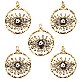 5Pcs Brass Micro Pave Clear Cubic Zirconia Pendants, with Enamel, Long-Lasting Plated, Cadmium Free & Lead Free, Real 18K Gold Plated, Flat Round with Evil Eye