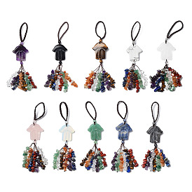 Hamsa Hand/Hand of Miriam Gemstone Pendant Decorations, Nylon Cord and Gemstone Chip Tassel Hanging Ornaments
