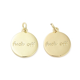 Rack Plating Brass Pendants, Long-Lasting Plated, Lead Free & Cadmium Free, Flat Round with word