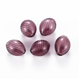 Transparent Handmade Blown Glass Globe Beads, Stripe Pattern, Oval