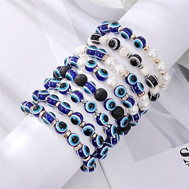 Handmade Black Beaded Devil Eye Bracelet with Blue Eyes and Pearl-like Beads
