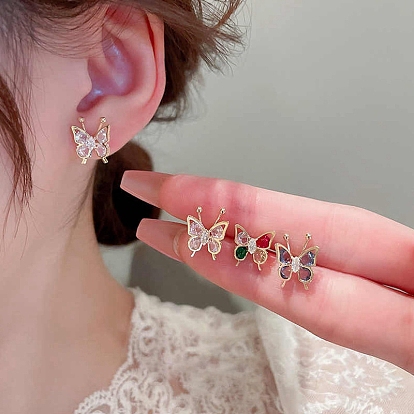 Rhinestone Butterfly Stud Earrings, Golden 925 Sterling Silver Jewelry for Women