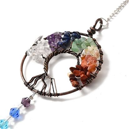 Chakra Theme Gemstone Pendant Decoration, Hanging Suncatcher, with Brass Rings, Flat Round Alloy Frame and Iron Findings, Bullet
