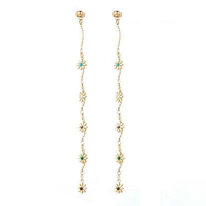 Brass Enamel Chain Tassel Earrings, with 304 Stainless Steel Stud Earring Findings and Iron Ear Nuts, Flower,  Colorful
