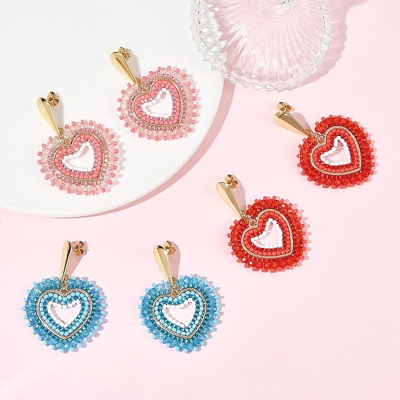 Glass Seed Bead Dangle Earrings, Heart, 304 Stainless Steel Stud Earrings for Women, Golden
